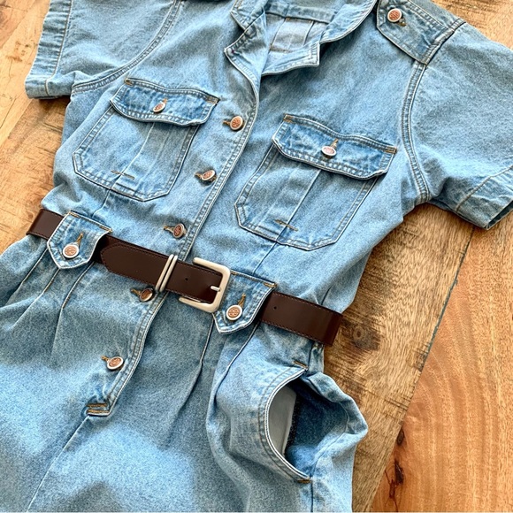 Bill Blass Vintage 90’Blue Denim Stretch Waist Pleated Romper Jumper Sz Medium - Picture 14 of 15